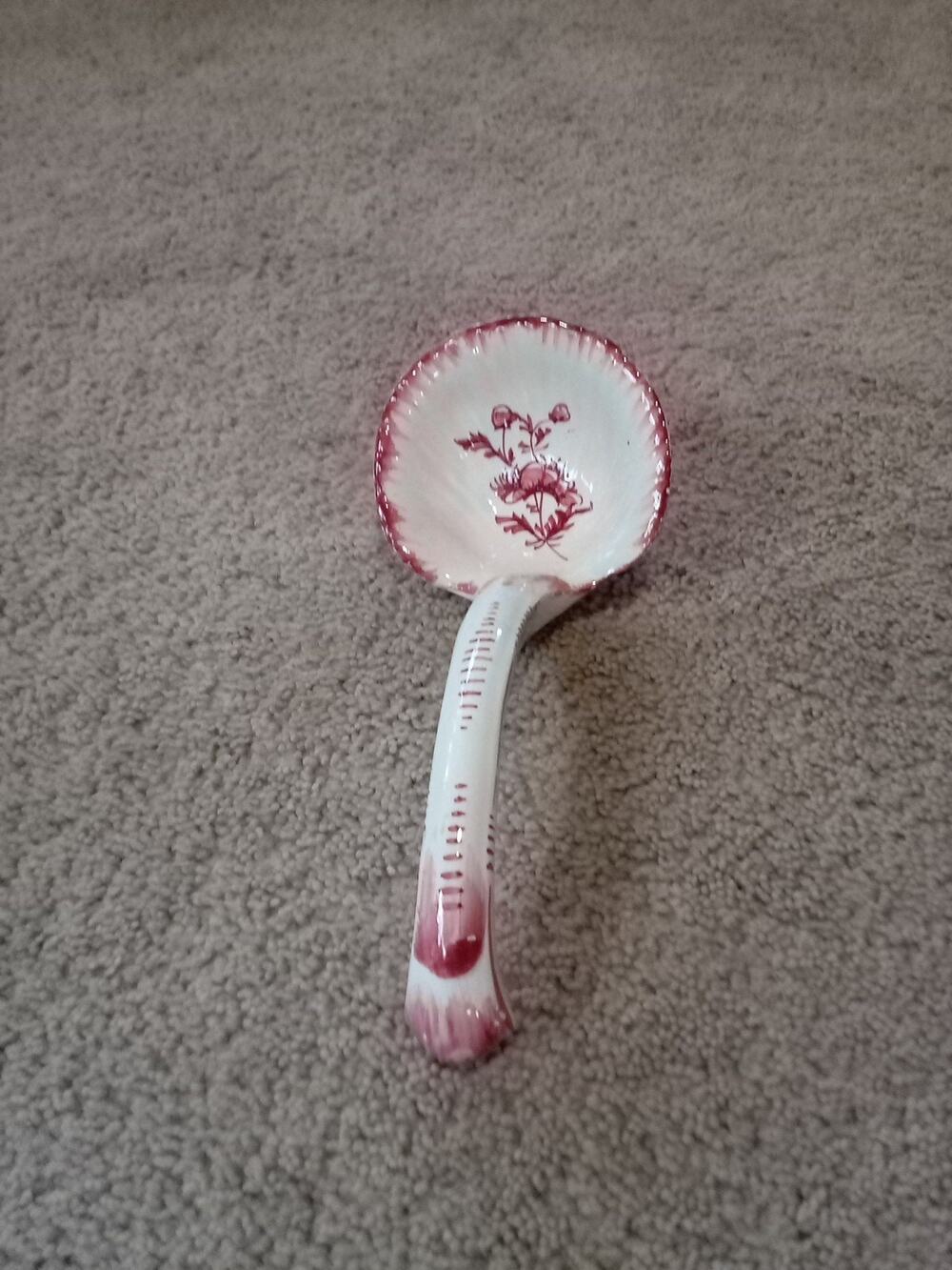Antique Ceramic Red White Floral Ladle 10x4